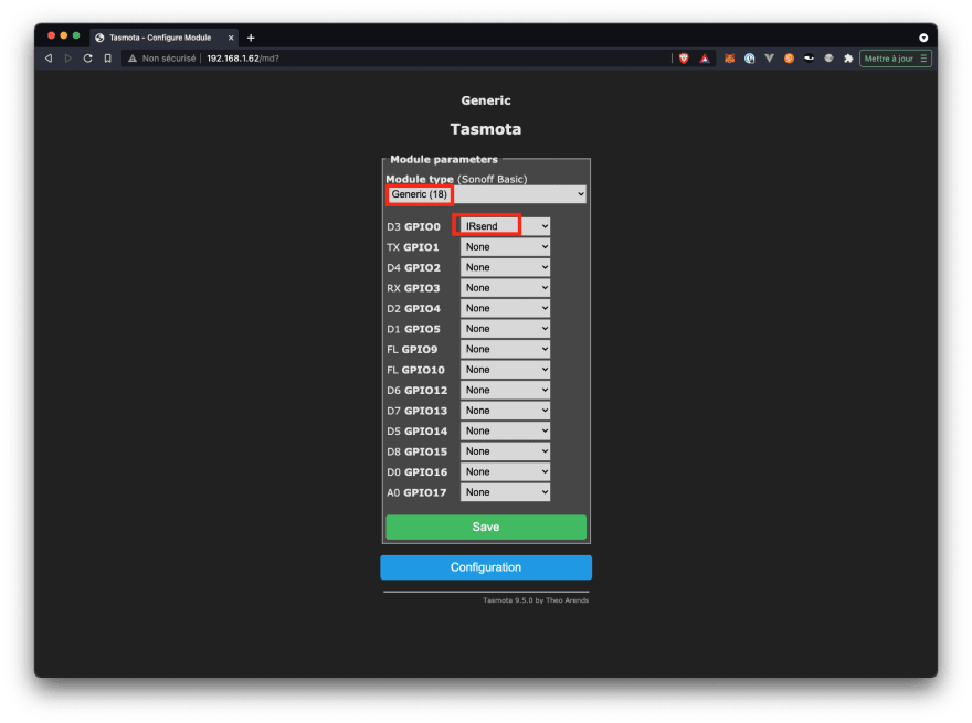 Tasmota Configuration Panel to Allocate D3 GPIO0 to IRSend