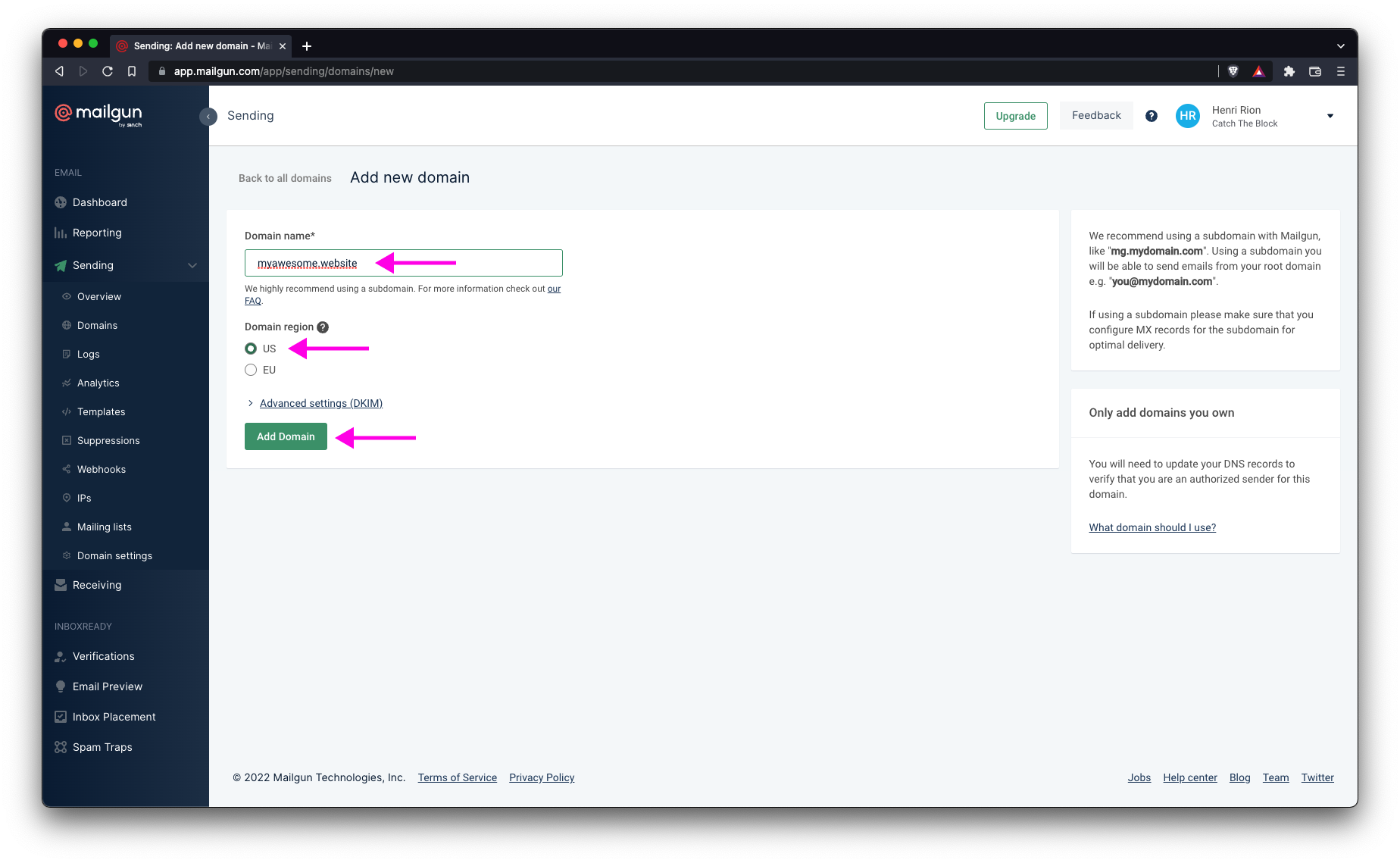 Mailgun - Step 2: more info about the new Domain you want to add